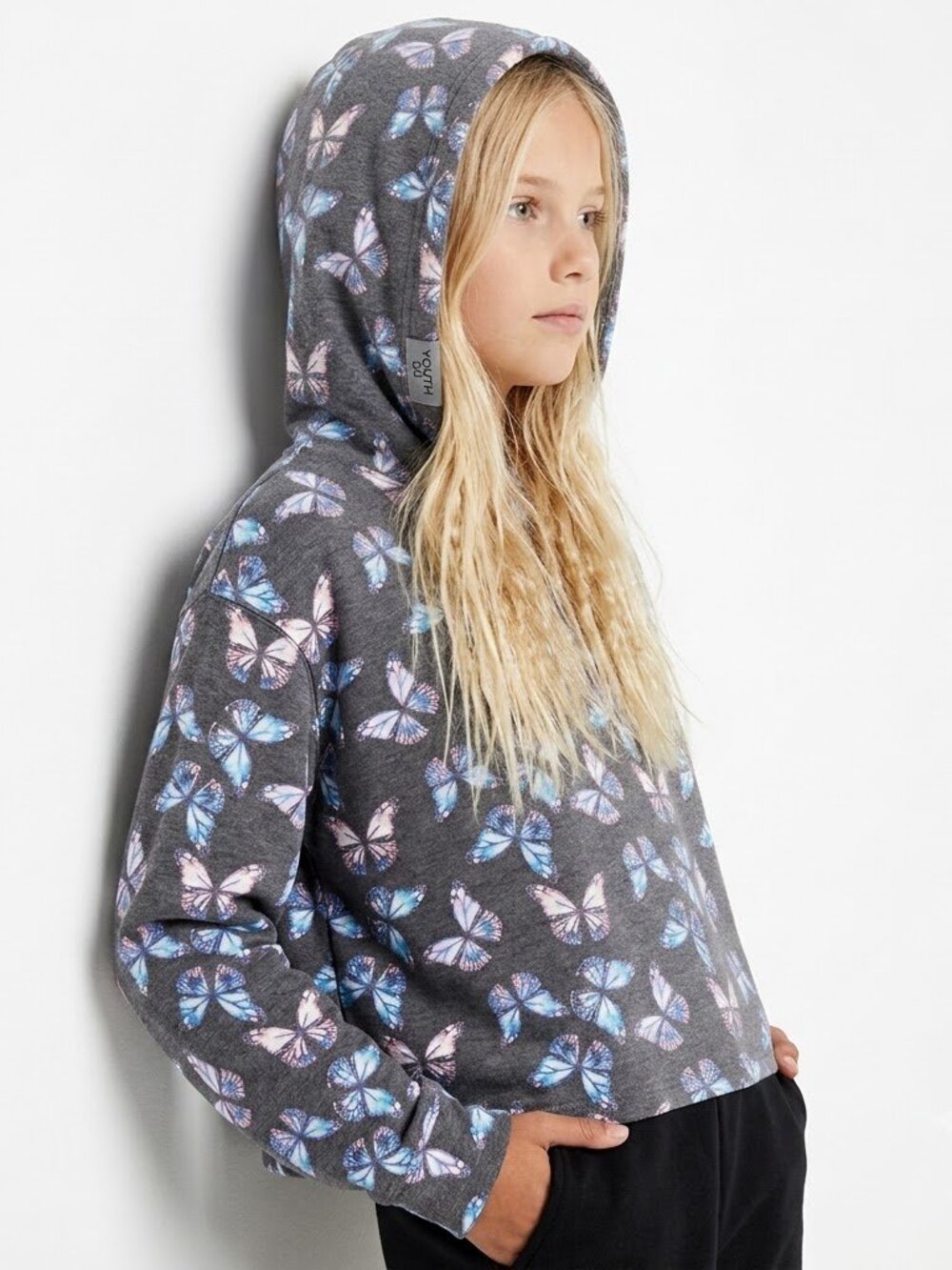 Art Class Girls Butterfly Print Hoodie Sweatshirt Grey Long Sleeve XL 14/16